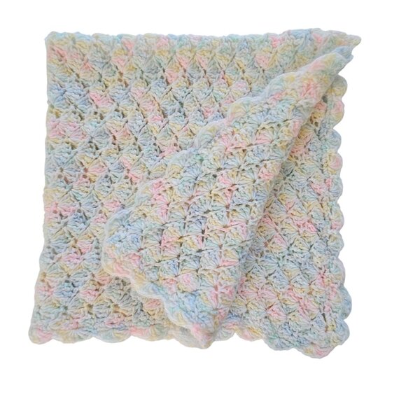 VTG Pastel Rainbow Colors Crochet/Knit Wool Square 30"x33" Baby Blanket Throw - Picture 1 of 13